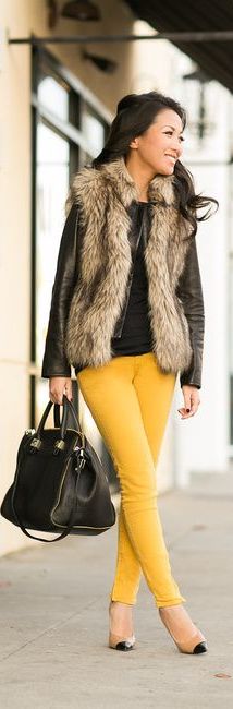outfit with fur vest and mustard skinnies