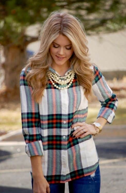 plaid shirt with pearl necklace
