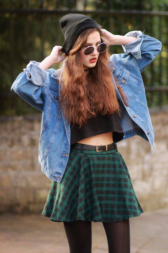 outfit with beanie and plaid circle skirt