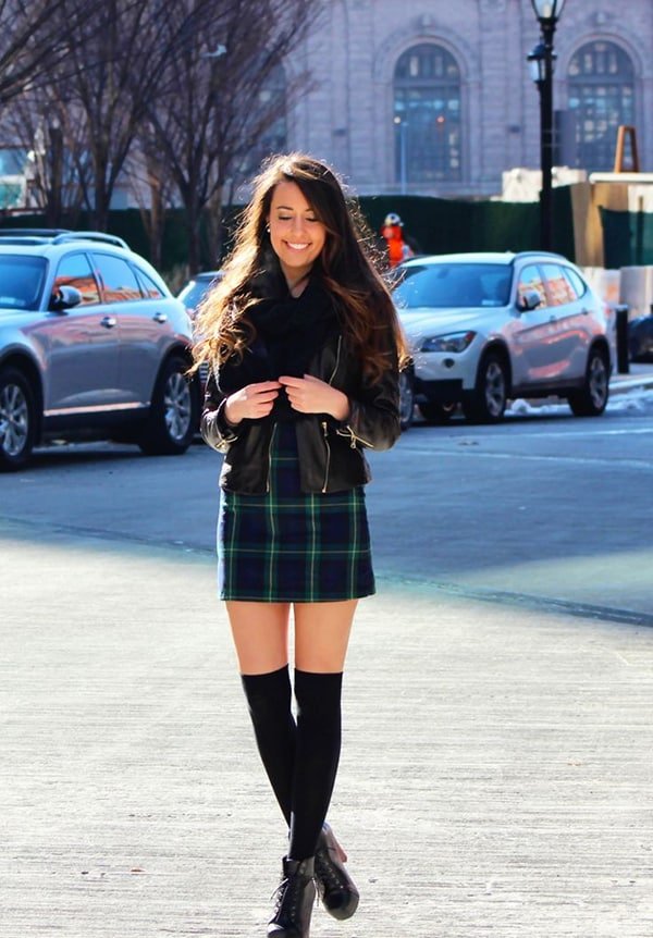 outfit with thigh high socks and plaid dress