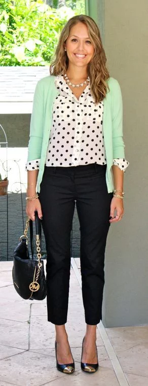 work outfit: polka dot blouse and black capri