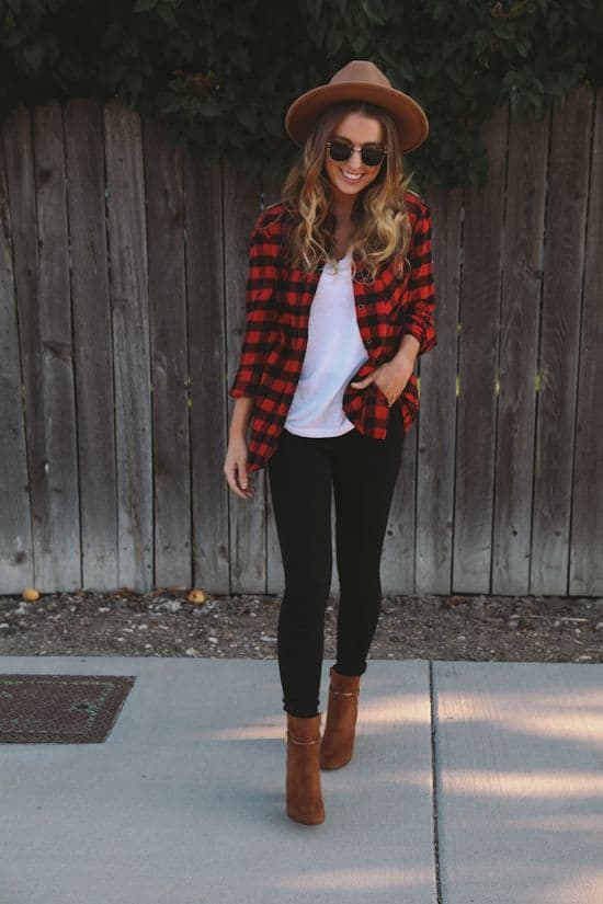 red and black plaid shirt and panama hat