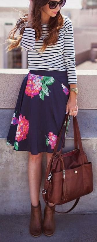 outfit with floral printed skirt and striped shirt