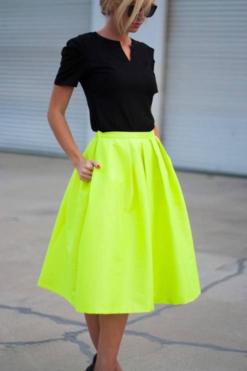 outfit with yellow neon midi skirt