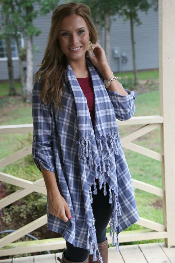 what color goes with slate blue plaid cardigan