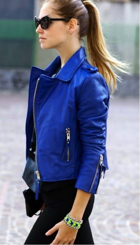 what color goes with cobalt blue leather jacket