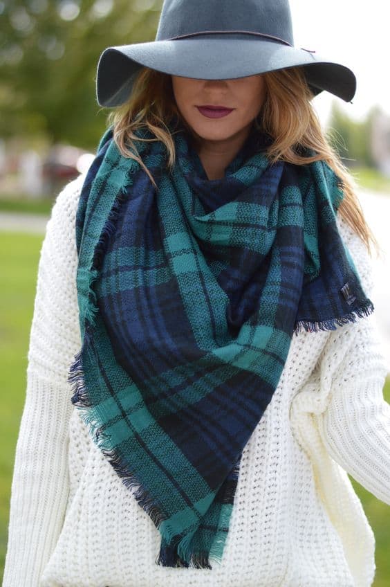outfit with dark green and navy blue blanket scarf
