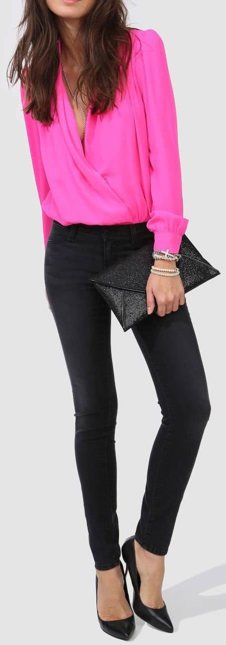 outfit with neon pink fold blouse