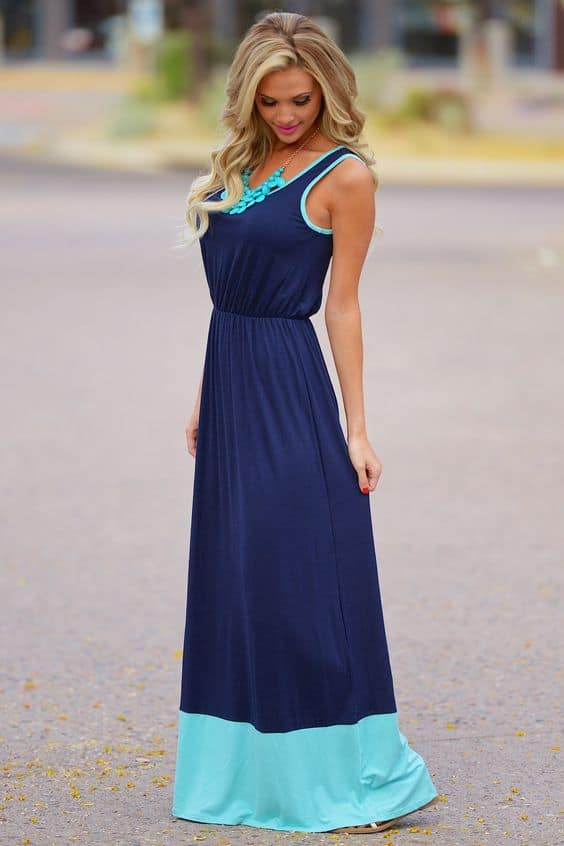 outfit with turquoise and navy blue maxi dress