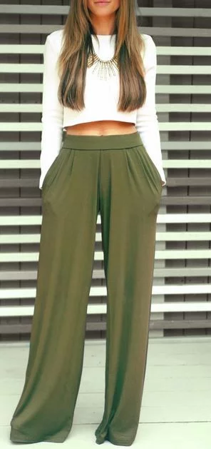 outfit with olive palazzo pants