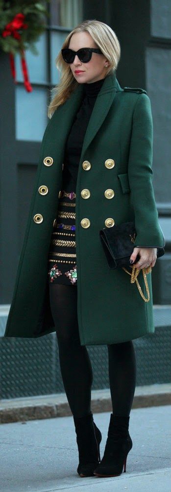 outfit with hunter green duffle coat