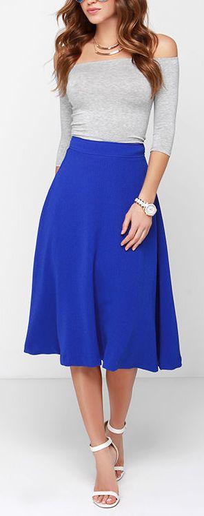 outfit with cobalt blue midi skirt