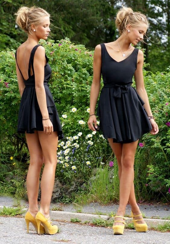 outfit with black mini backless dress