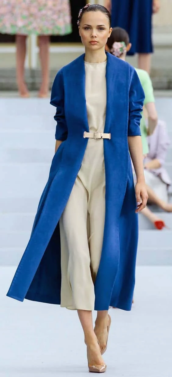outfit with electric blue long trench