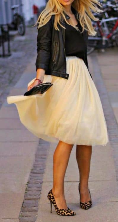outfit with cream shiffon midi skirt
