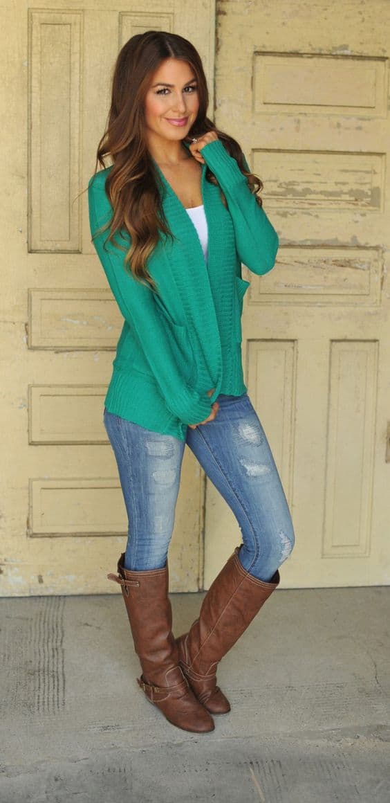 outfit with teal green knitted jumper