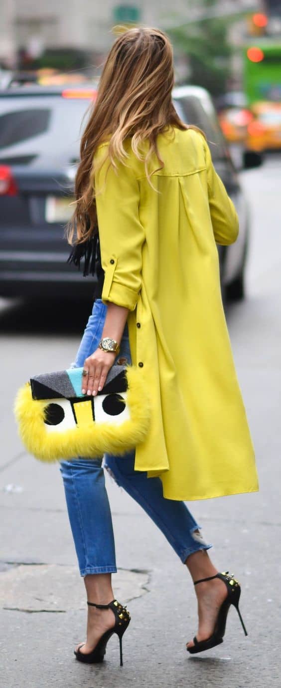 outfit with yellow trench coat
