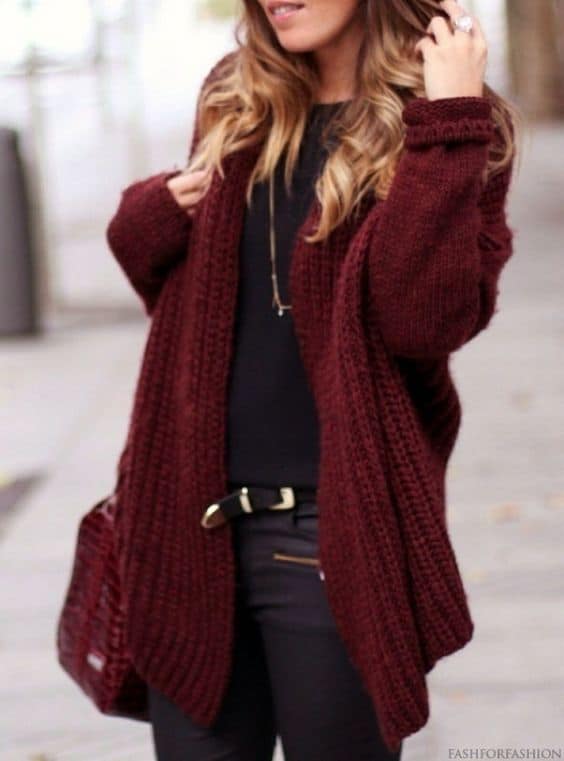 outfit with marsala knitted cardigan