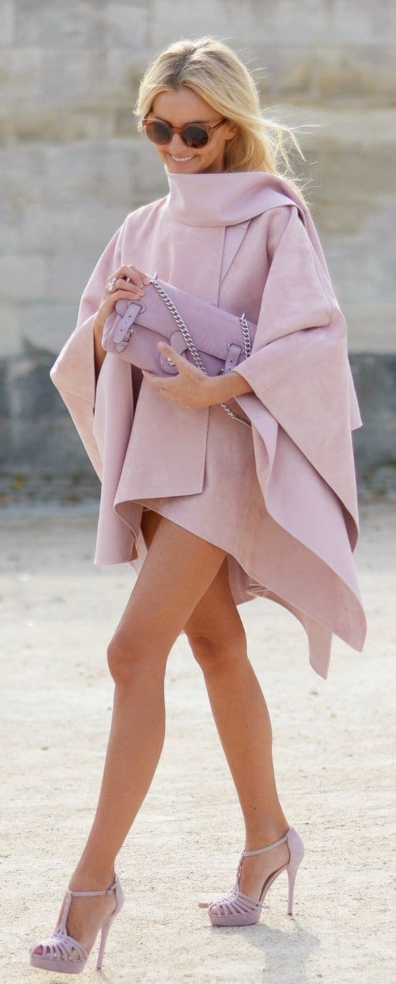 outfit with lilac cape coat