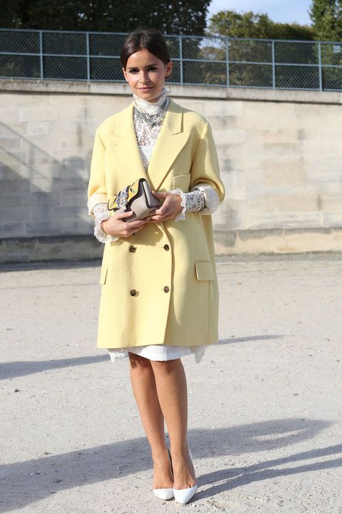 outfit with pale yellow duffle coat