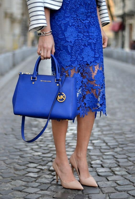outfit with electric blue lace midi skirt