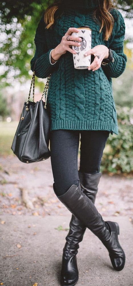 outfit with teal green knitted sweater