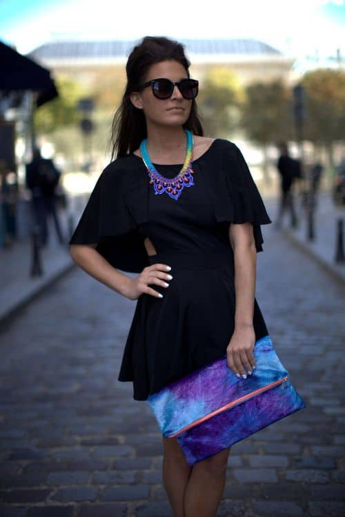 outfit with galaxy printed clutch