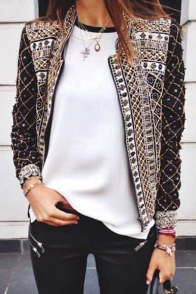 what to wear with Indian printed jacket and white top