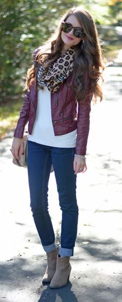 outfit with wine leather biker jacket
