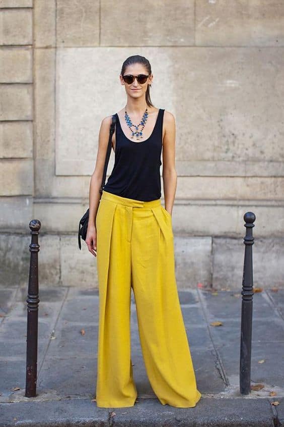 what to wear with mustard yellow palazzo pants