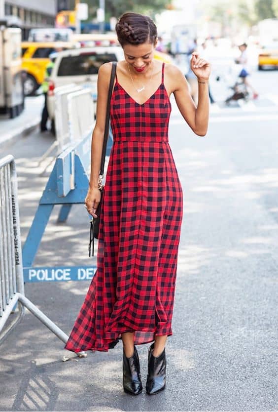 how to wear red gingham maxi dress