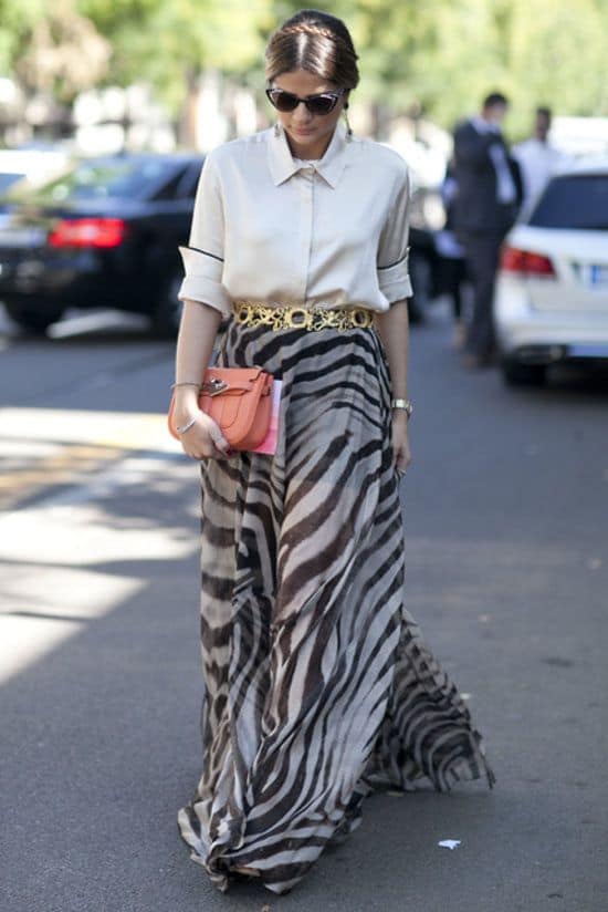 what to wear with zebra printed maxi skirt