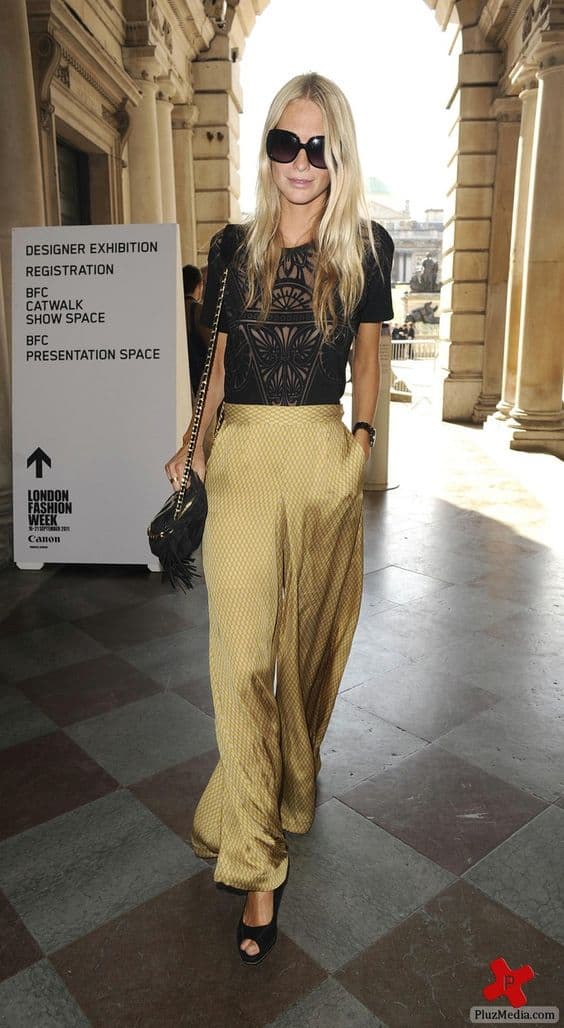 outfit with gold palazzo pants