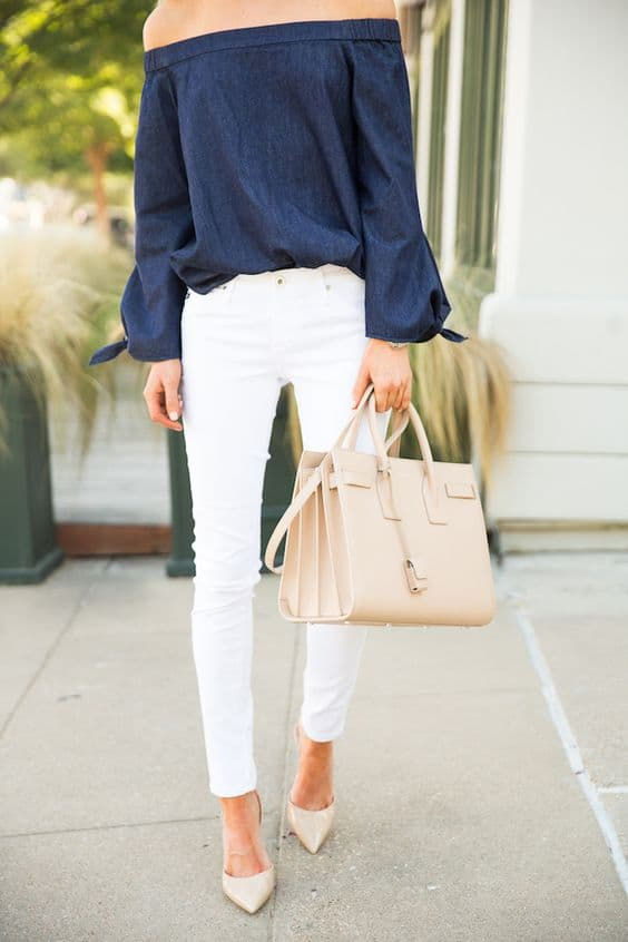 how to wear white jeans and navy blue blouse