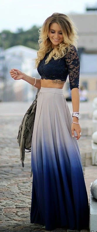 what to wear with ivory and navy blue long skirt
