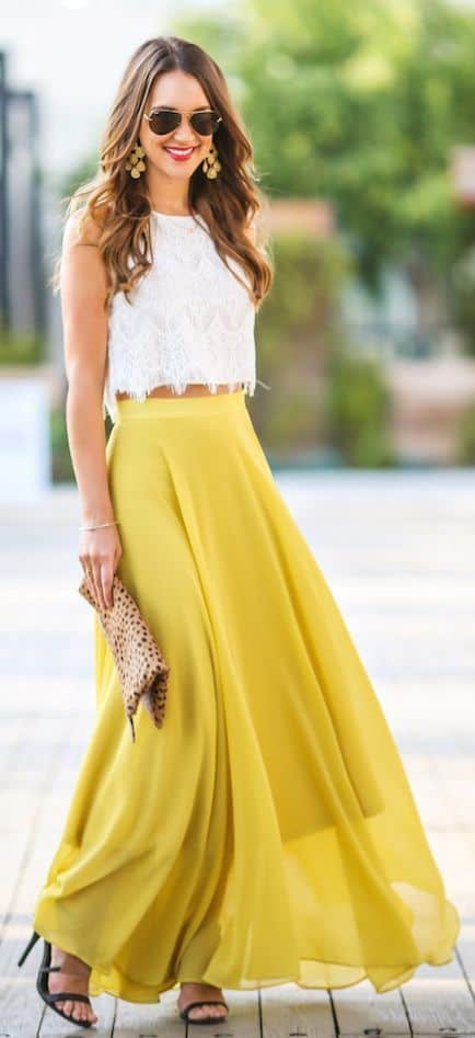 what to wear with mustard yellow long skirt