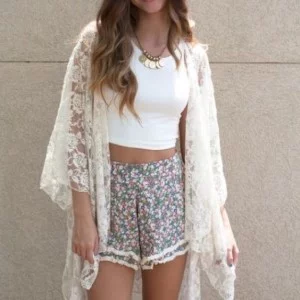  jacket and crop tee what to wear with white lace kimono jacket and crop tee