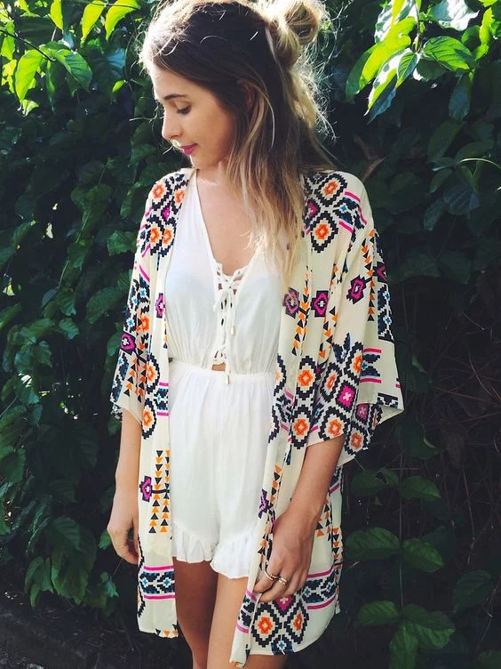 outfit with kimono jacket and short overalls