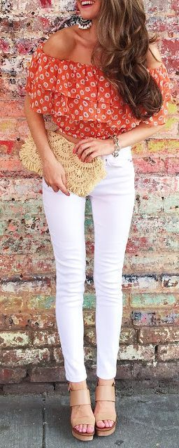 how to wear white jeans and red blouse
