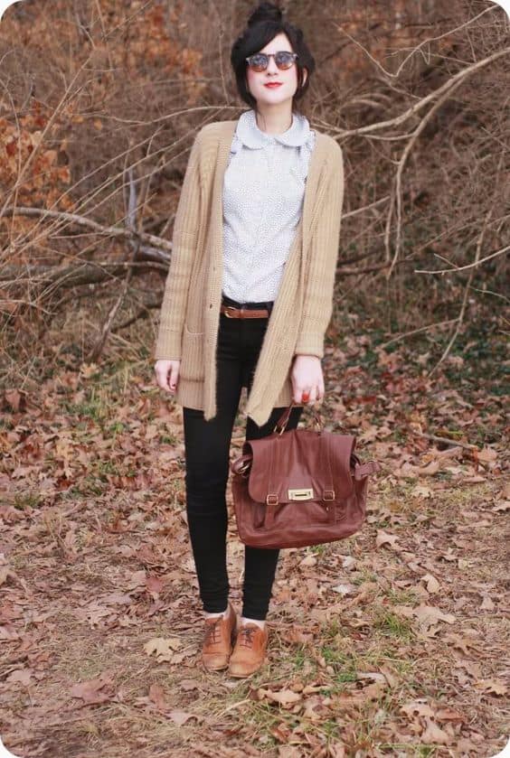 outfit with light brown oxford shoes and cardigan