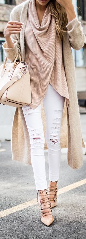 outfit with white jeans and cashmere cardigan