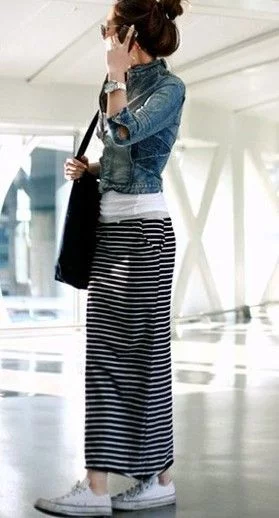 outfit with white and black striped long skirt