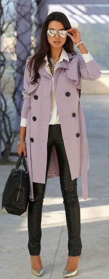 how to wear leather pants and lilac trench coat