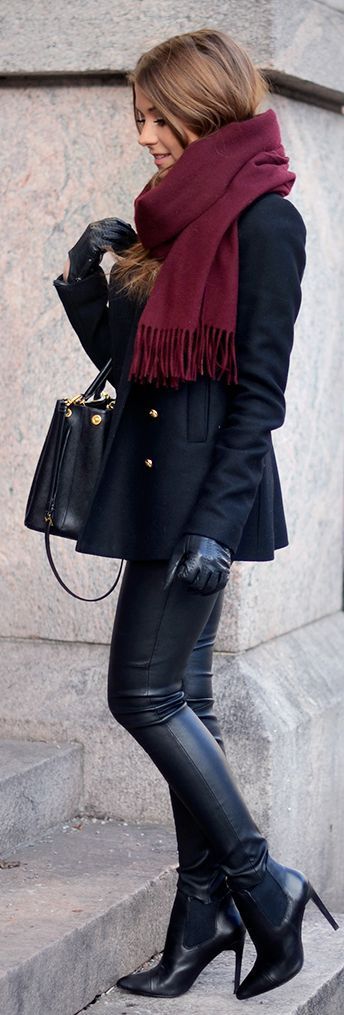 how to wear leather pants and burgundy scarf