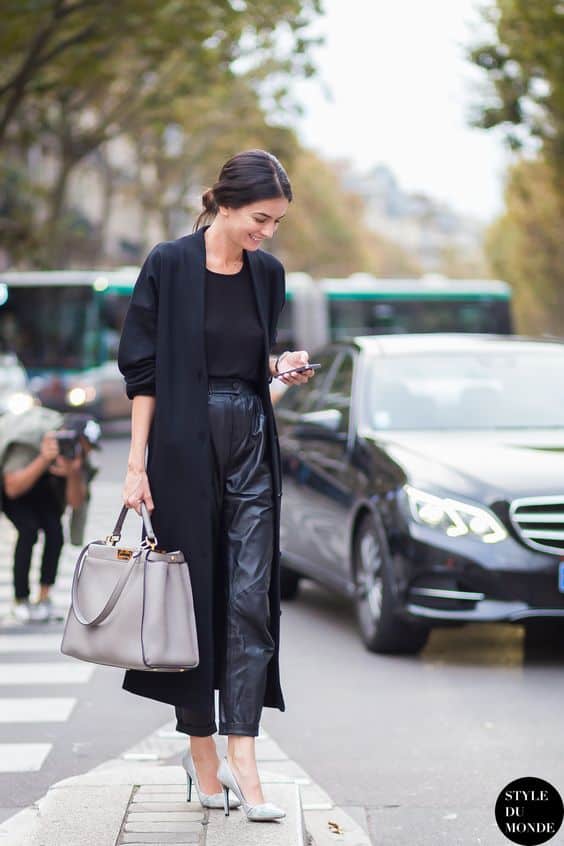 what to wear with leather pants and black cardigan