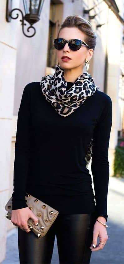 how to wear leather pants and leopard scarf