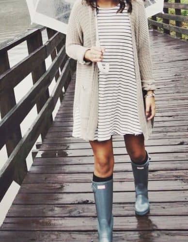 what to wear with sky blue rain boots and knitted cardigan