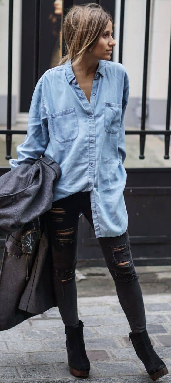 what to wear with denim shirt and distressed jeans