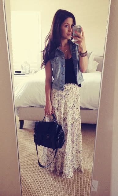 what to wear with denim vest and flower maxi skirt