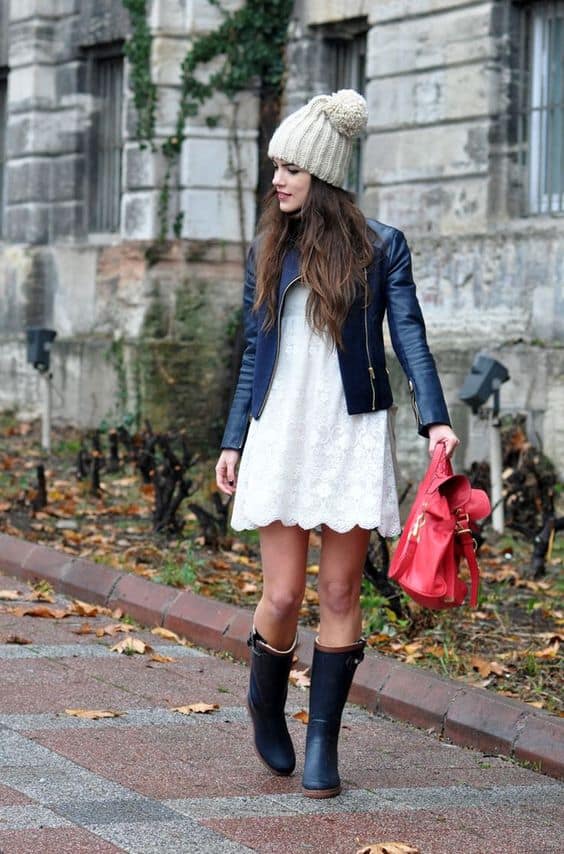 how to wear black rain boots and lace white mini dress